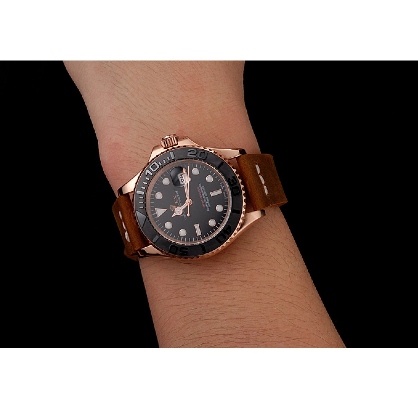 Aaa replica watch 1453861 Rolex Dial Master Black Rose Leather Case Yacht Brown Gold Bracelet 0628